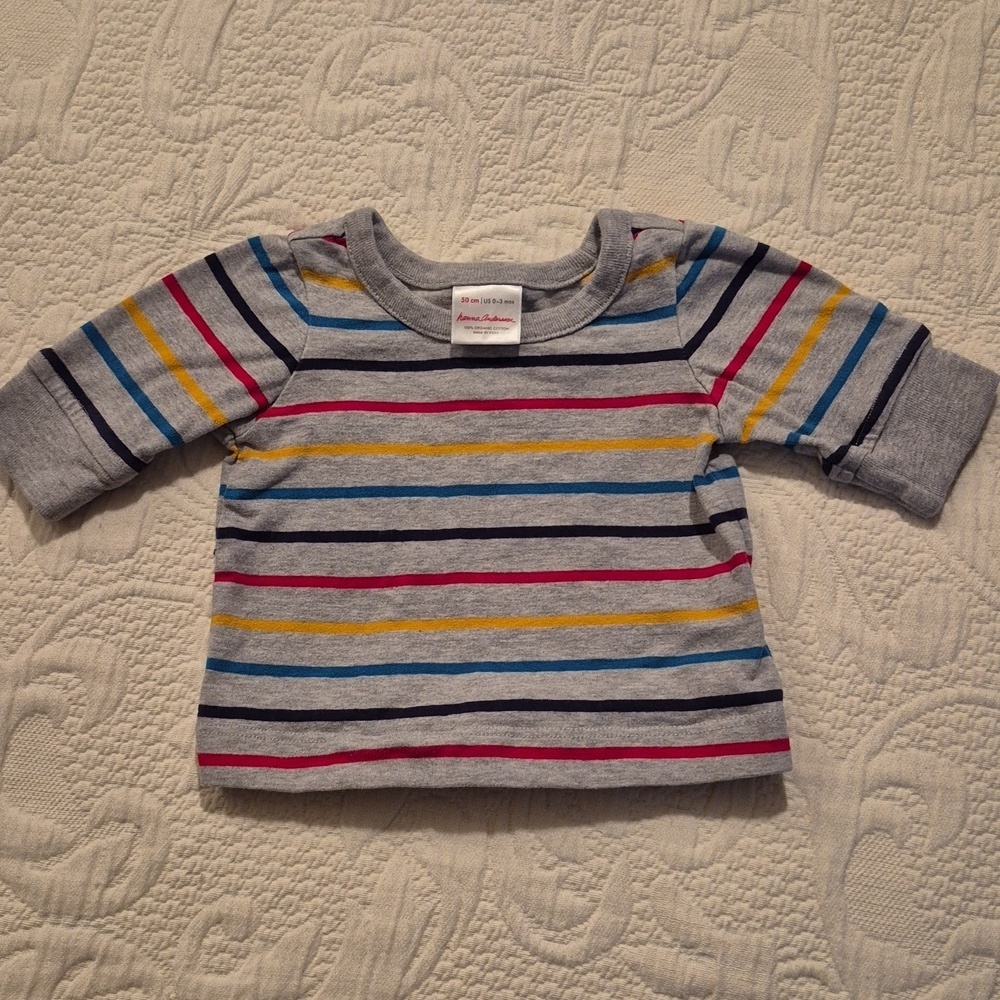 Hanna Andersson boys size 50 or 0-3 months gray striped shirt VGUC